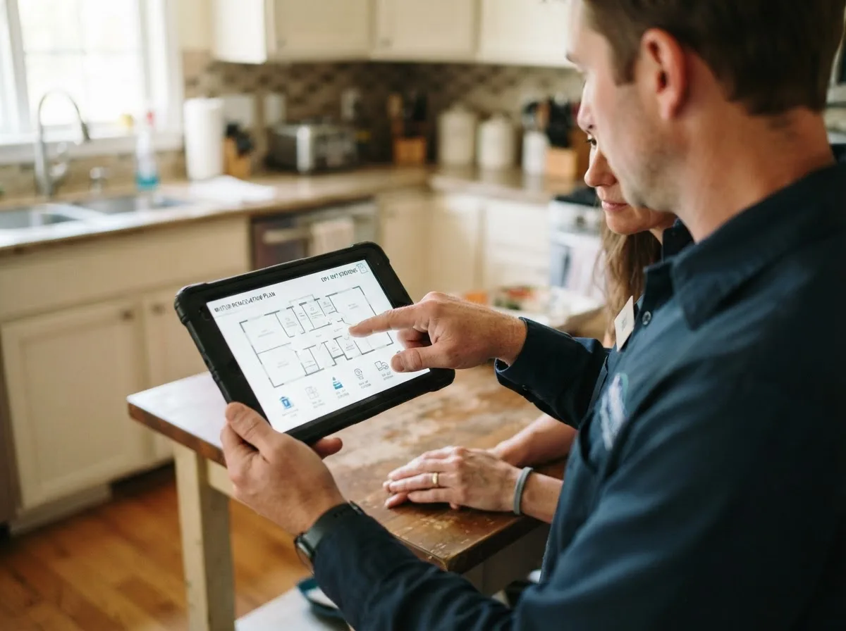 Water damage restoration technician inspecting a home in Faith, NC